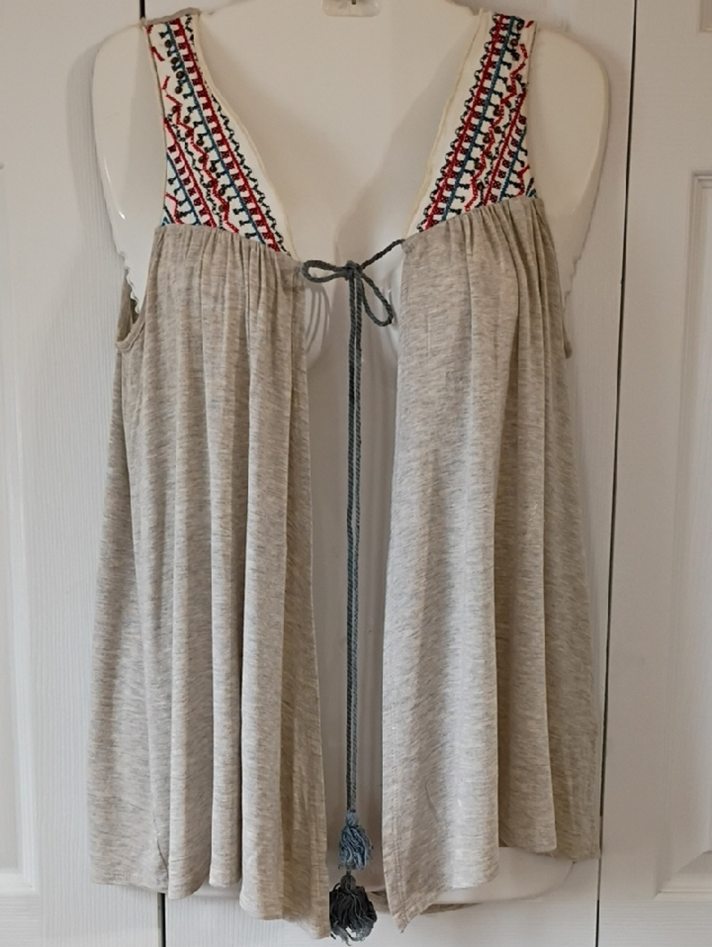 Orange Creek Heathered Gray Boho Vest with Embroidered Straps